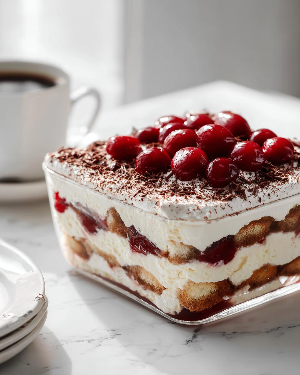 Layers of sponge cake, white cream, and cherries in a glass dish, topped with fresh cherries for Cherry Coconut Cream Tiramisu.