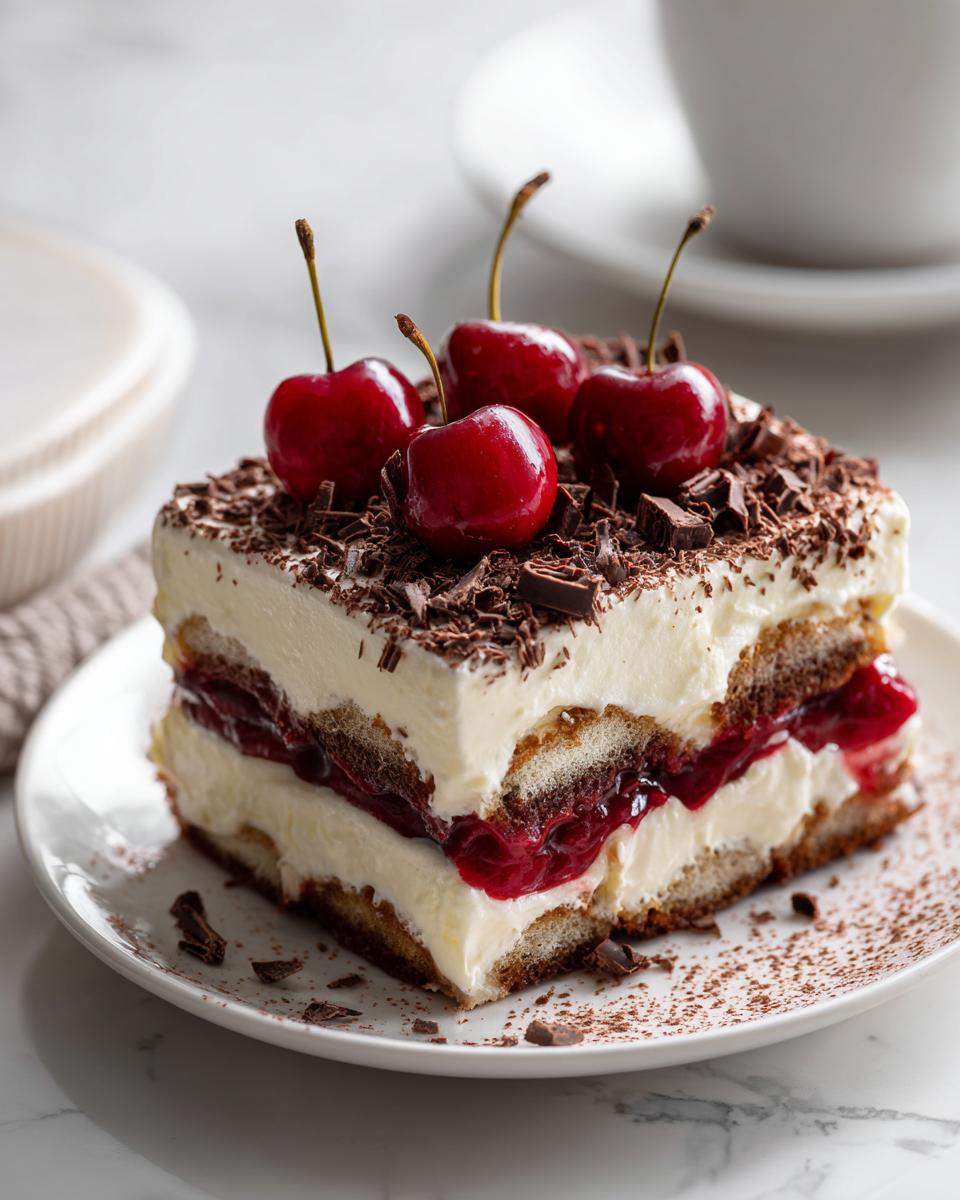 A decadent slice of Cherry Coconut Cream Tiramisu without mascarpone, topped with fresh cherries and chocolate shavings.