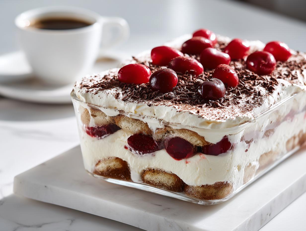 Layers of Cherry Coconut Cream Tiramisu without mascarpone, topped with fresh cherries and chocolate shavings.