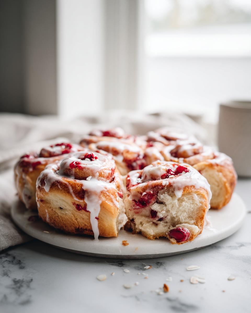 A plate of freshly baked Cherry Coconut Rolls drizzled with white icing, one roll is broken open.
