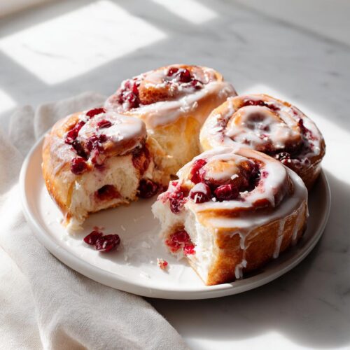 Four soft, sweet Cherry Coconut Rolls drizzled with white icing, served on a white plate in bright sunlight.