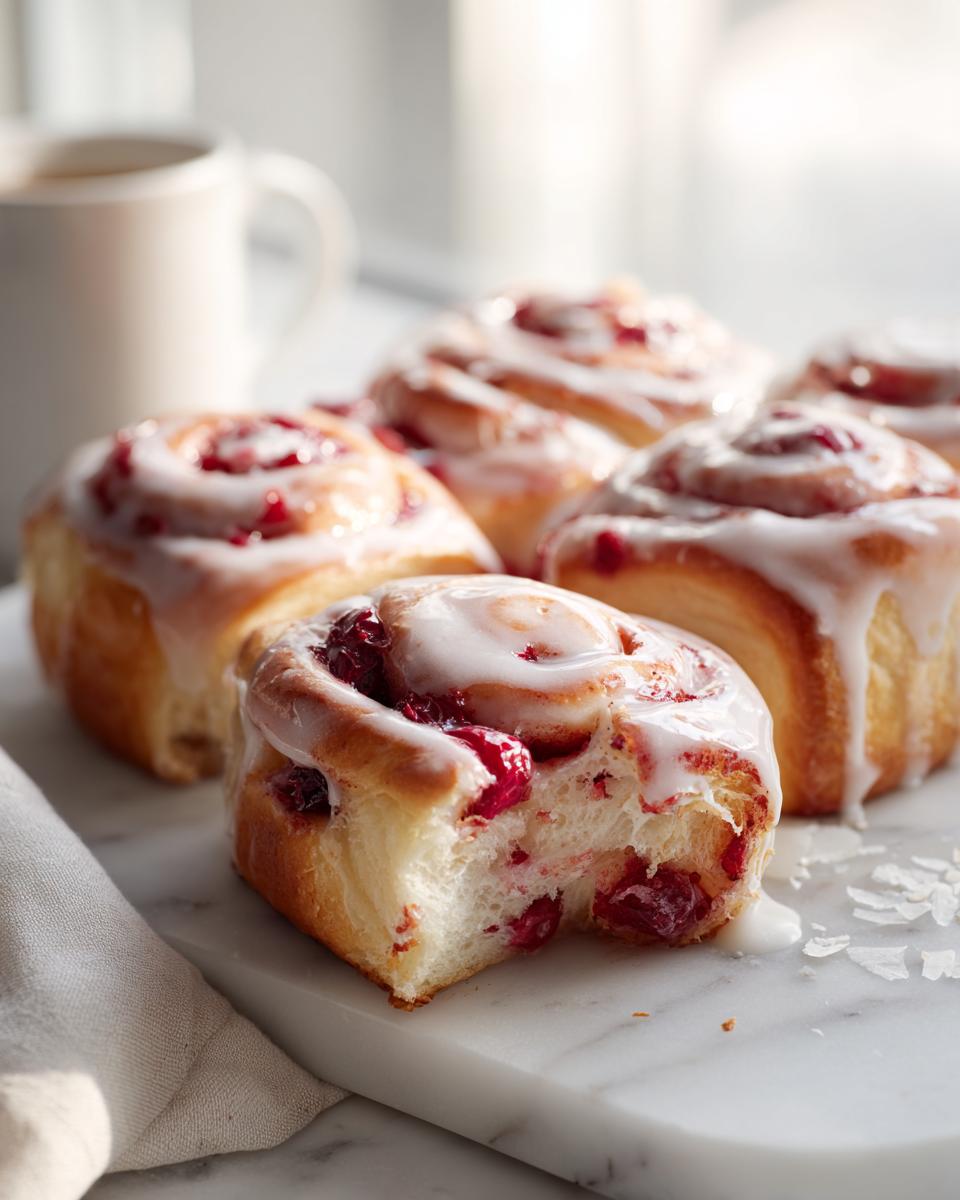 A close-up of freshly baked Cherry Coconut Rolls topped with white icing, one roll has a bite taken out showing the soft interior and cherry filling.