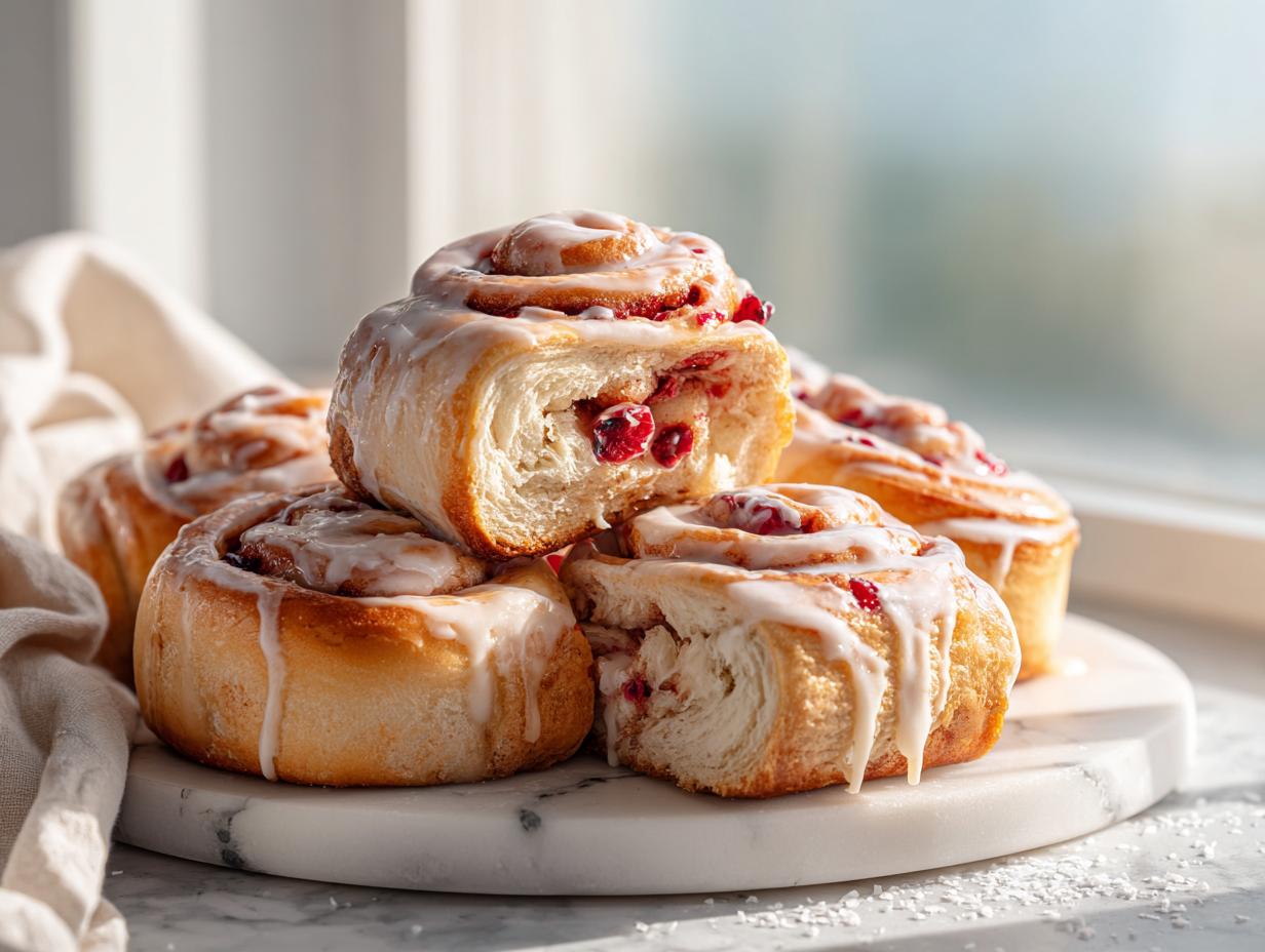 A stack of four freshly baked Cherry Coconut Rolls covered in white glaze, with one roll broken open showing the cherry filling.