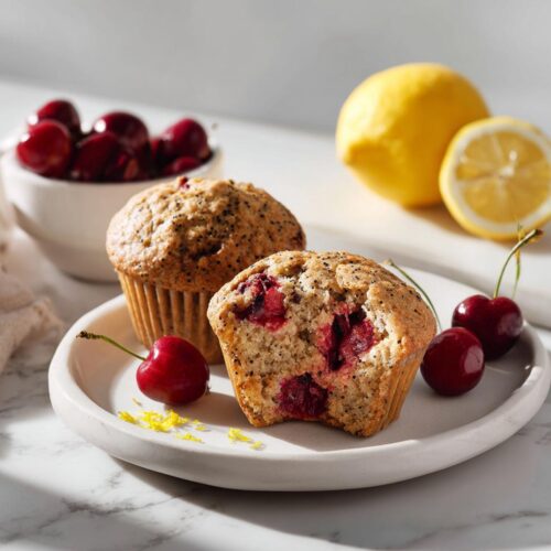 Two Cherry Lemon Poppy Seed Muffins on a plate, one broken open showing cherries inside, with fresh cherries and lemon slices nearby.