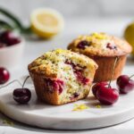 A halved Cherry Lemon Poppy Seed Muffin showing the bright red fruit inside, garnished with lemon zest and poppy seeds.