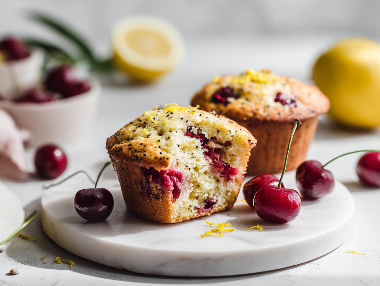A halved Cherry Lemon Poppy Seed Muffin showing the bright red fruit inside, garnished with lemon zest and poppy seeds.
