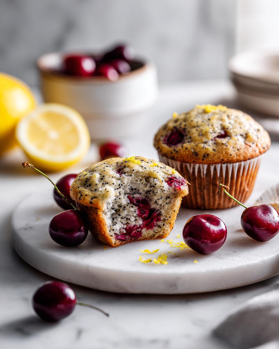 Close-up of a halved Cherry Lemon Poppy Seed Muffin showing cherries inside, next to a whole muffin and fresh cherries.