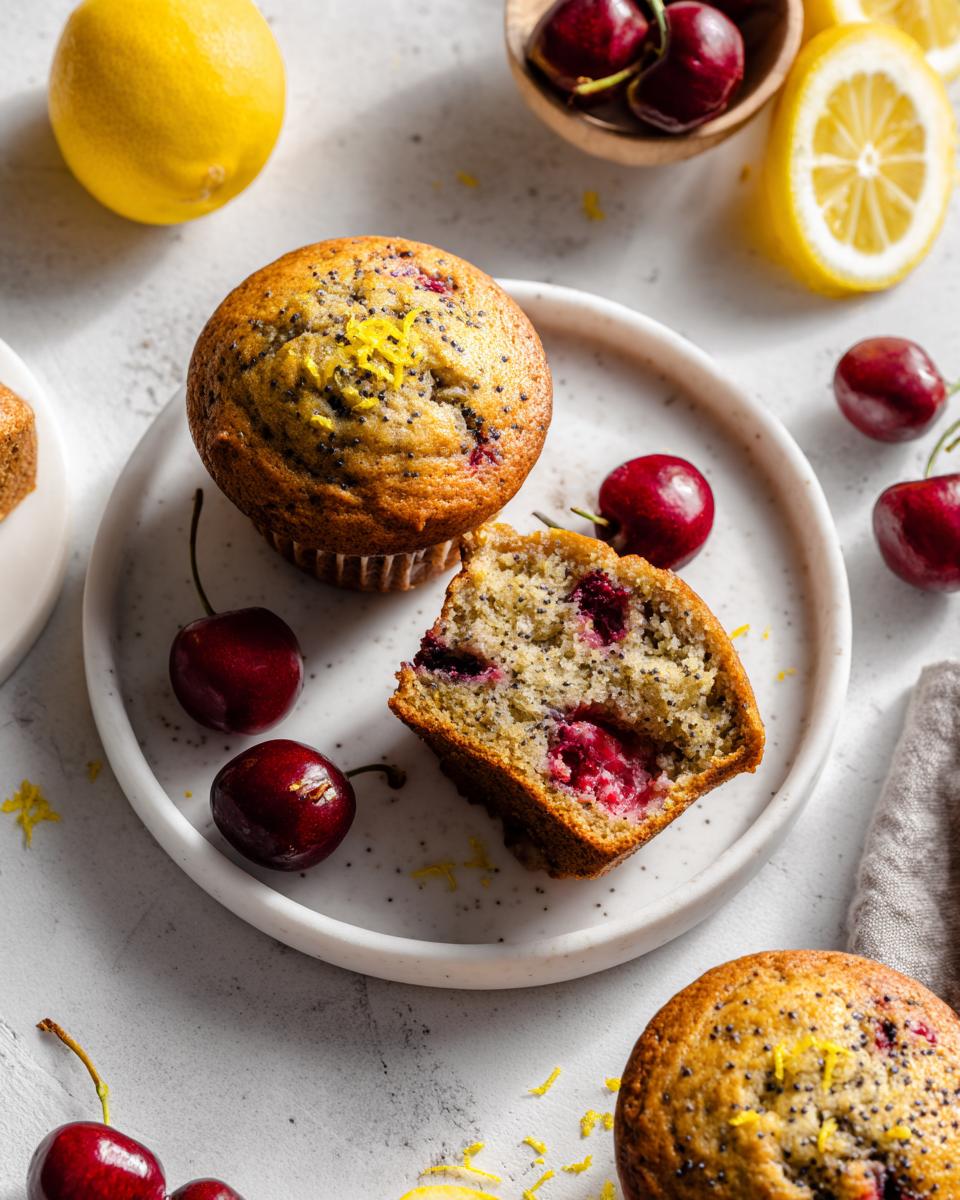 Two Cherry Lemon Poppy Seed Muffins, one whole and one halved, showing cherries inside, garnished with lemon zest.