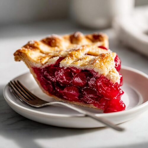 A close-up of a thick slice of Cherry Lemon Zest Pie showing the bright red filling and golden lattice crust.