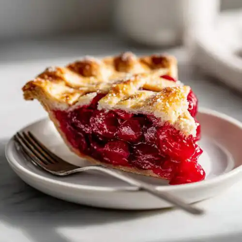 A close-up of a thick slice of Cherry Lemon Zest Pie showing the bright red filling and golden lattice crust.