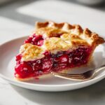 A perfect slice of Cherry Lemon Zest Pie showing bright red filling and flaky golden crust on a white plate.