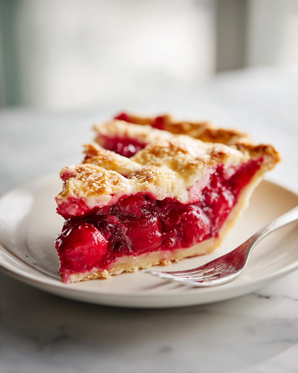 A close-up of a slice of Cherry Lemon Zest Pie showing the bright red cherry filling and flaky crust.