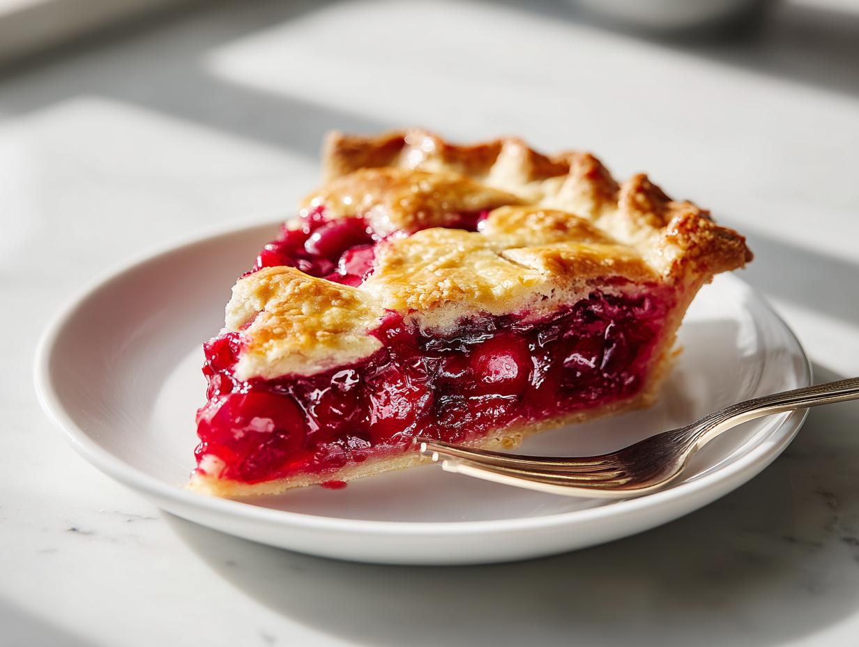 A perfect slice of Cherry Lemon Zest Pie showing bright red filling and flaky golden crust on a white plate.
