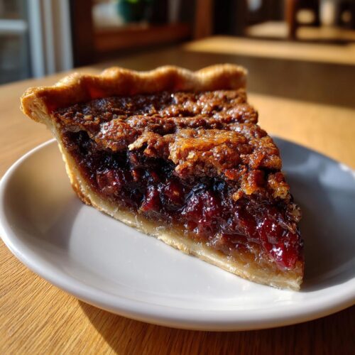 A close-up slice of Cherry Maple Pecan Pie showing a rich, dark cherry filling and a crunchy pecan topping.