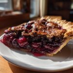 A close-up of a slice of Cherry Maple Pecan Pie showing the rich, dark cherry filling and pecan topping on a white plate.