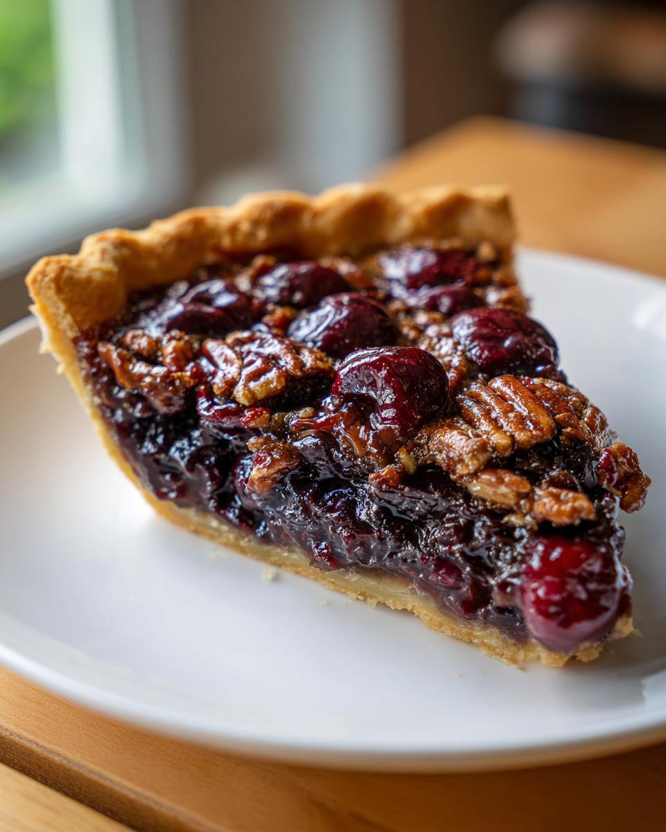 A close-up slice of Cherry Maple Pecan Pie showing the dark cherry filling and toasted pecans on a white plate.