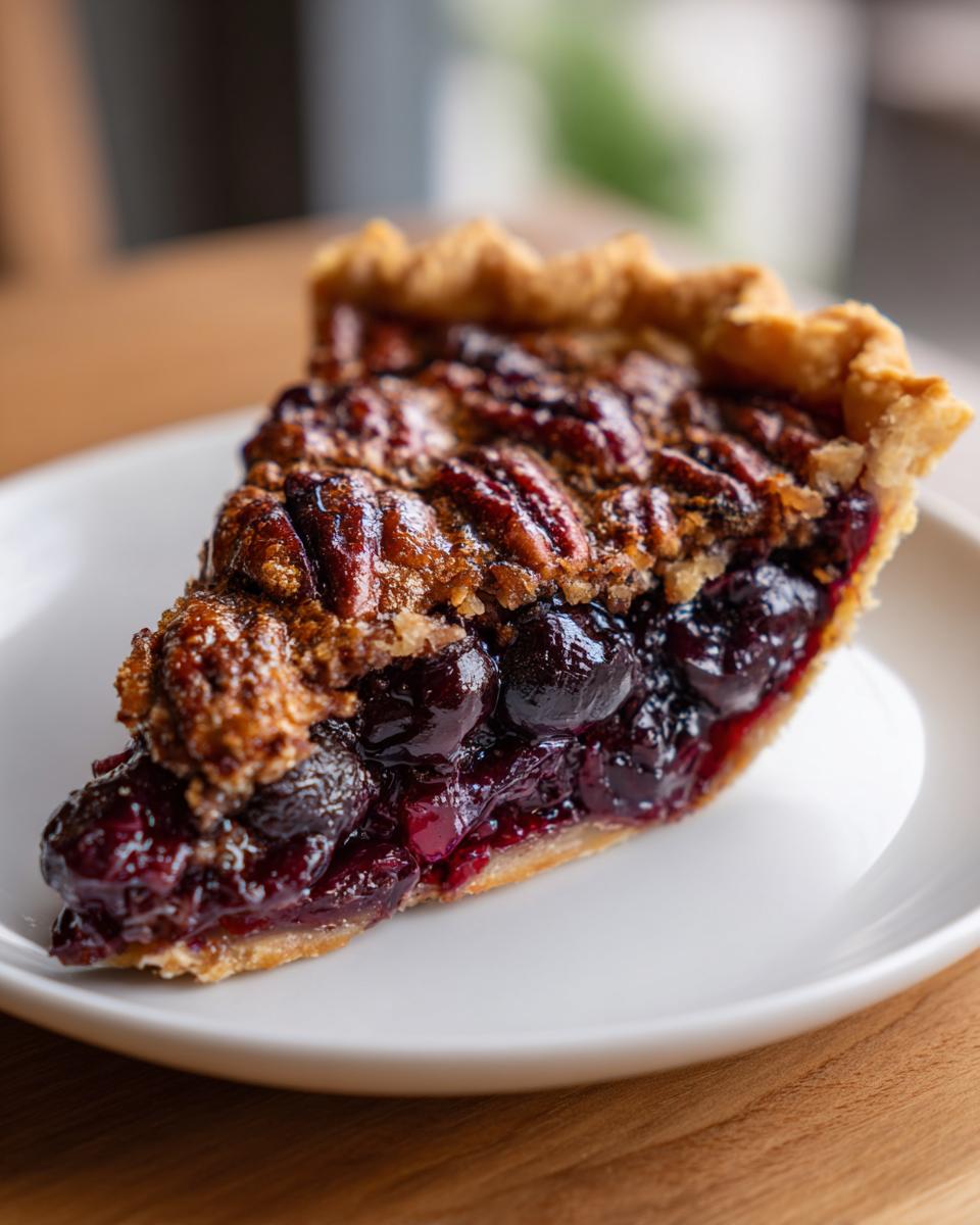 Close-up of a slice of Cherry Maple Pecan Pie showing the dark cherry filling and pecan topping.