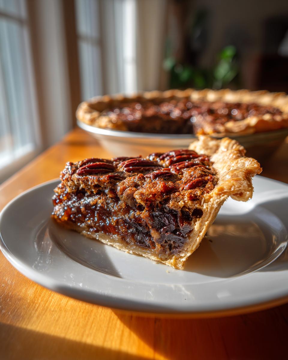 A close-up slice of rich Cherry Maple Pecan Pie on a white plate, with the rest of the pie blurred in the background.