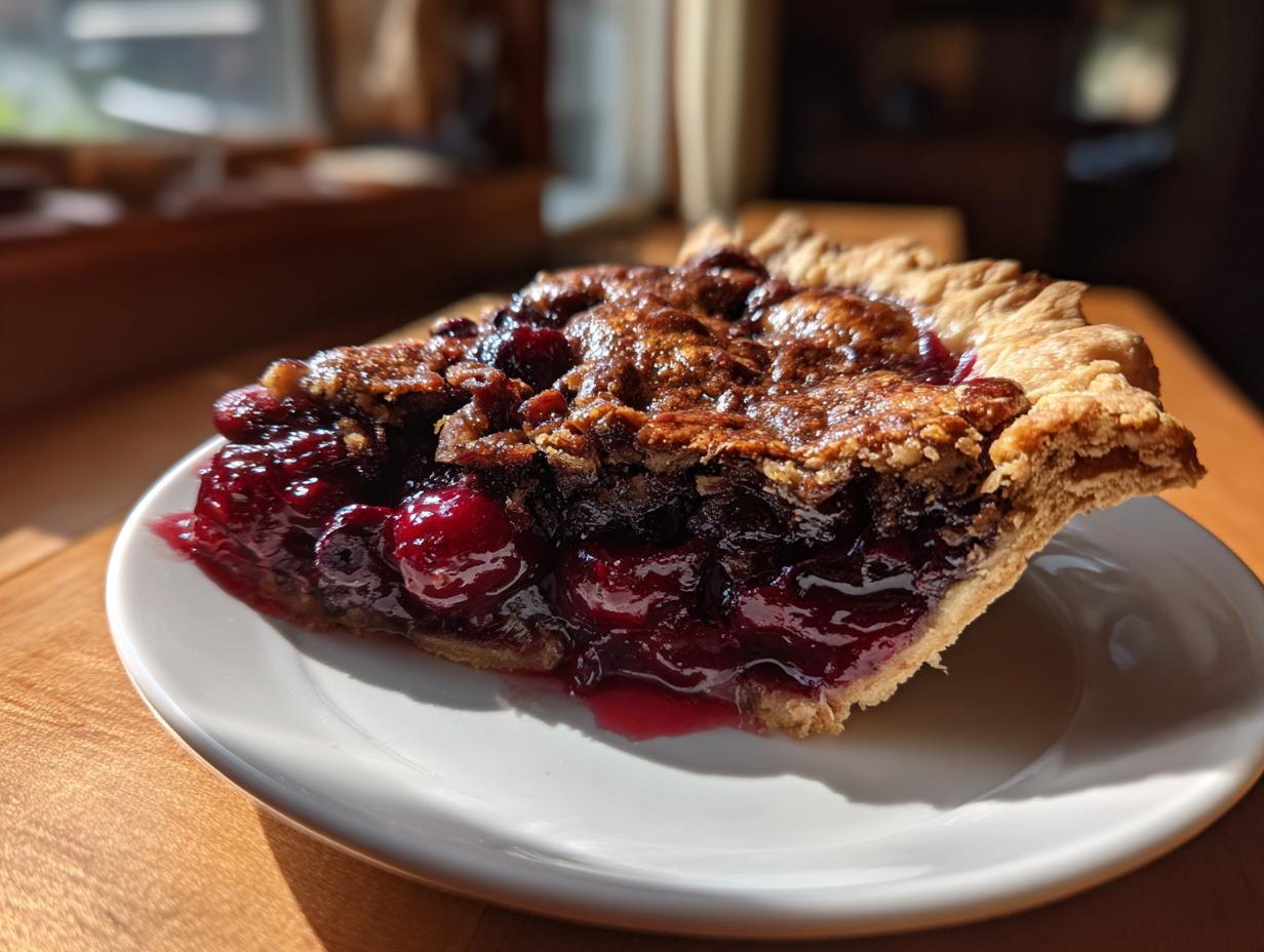 A close-up of a slice of Cherry Maple Pecan Pie showing the rich, dark cherry filling and pecan topping on a white plate.