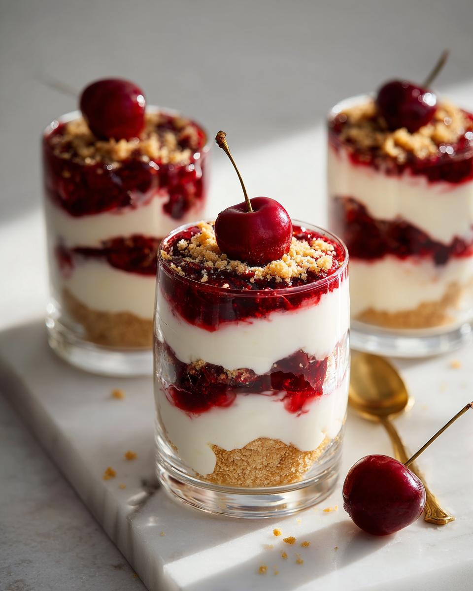 Three layered Cherry Mascarpone Yogurt Cups featuring crust, white cream, and cherry topping, garnished with fresh cherries.