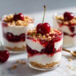 Close-up of layered Cherry Mascarpone Yogurt Cups topped with crumble and a fresh cherry.