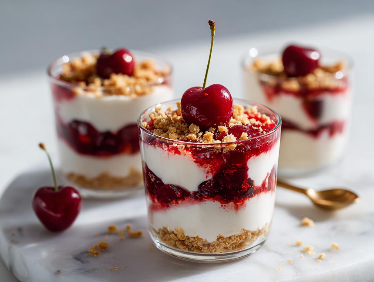 Close-up of layered Cherry Mascarpone Yogurt Cups topped with crumble and a fresh cherry.