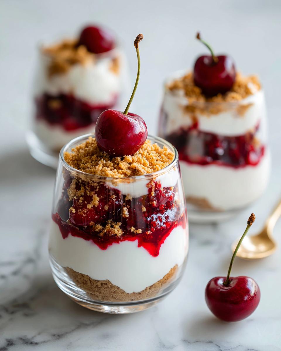 Close-up of Cherry Mascarpone Yogurt Cups layered with graham cracker crust, creamy filling, and cherry compote, topped with a fresh cherry.
