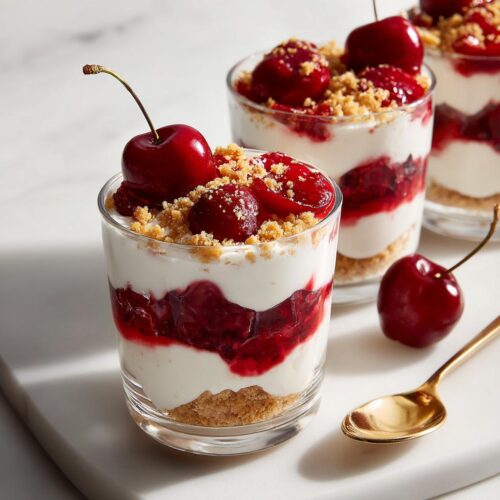 Close-up of layered Cherry Mascarpone Yogurt Cups with graham cracker crust and fresh cherries.