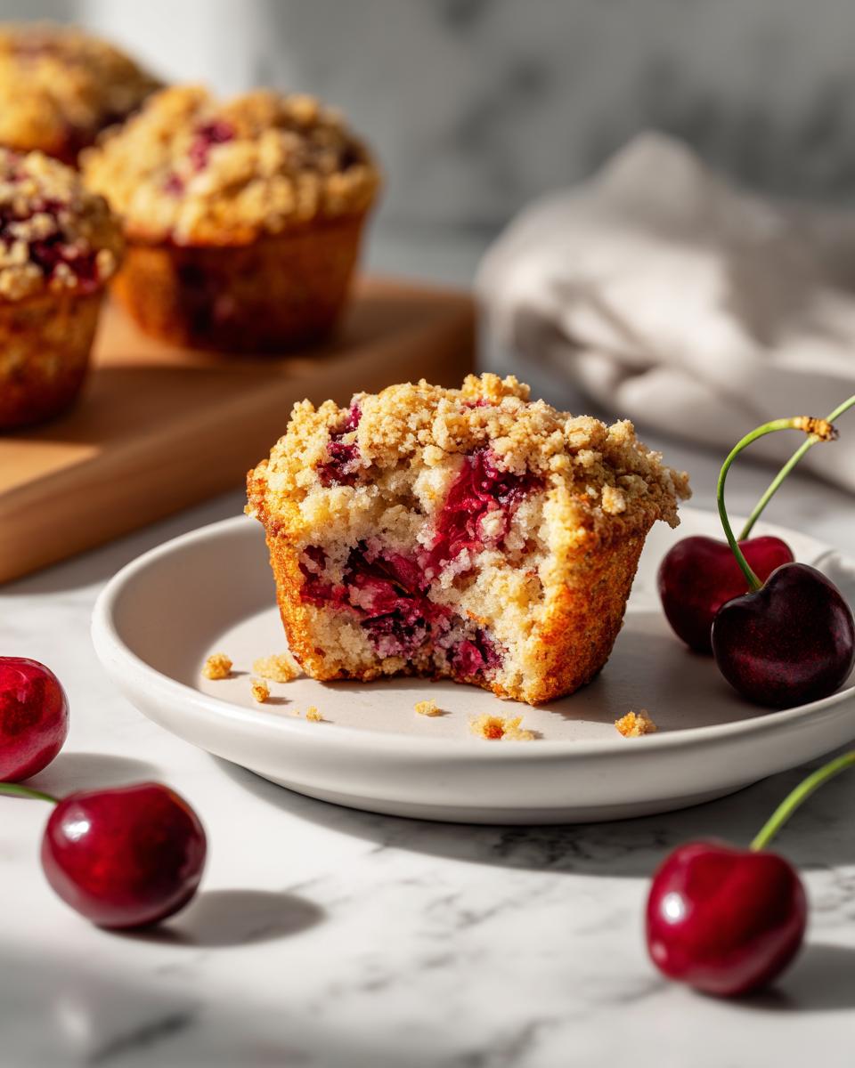 A close-up of a Cherry Oat Streusel Muffin with a bite taken out, showing bright red cherries inside, served on a plate with fresh cherries.