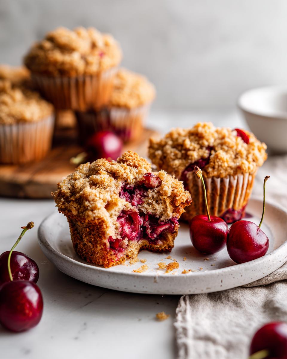 A close-up of a Cherry Oat Streusel Muffin with a bite taken out, revealing juicy cherries inside, served with fresh cherries.