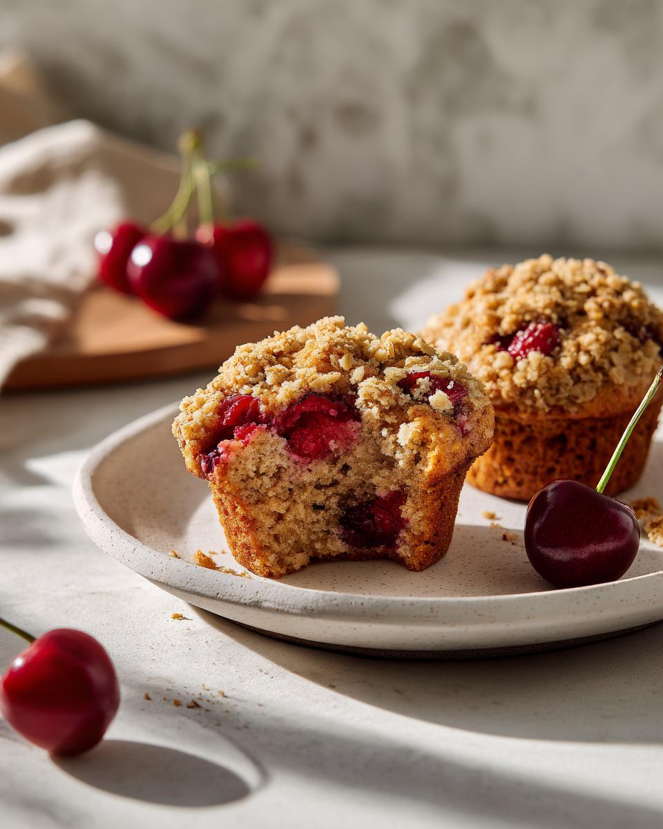 Close-up of a Cherry Oat Streusel Muffin with a bite taken out, showing juicy cherries inside, served on a plate with fresh cherries.