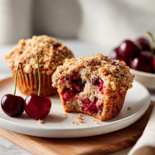 A close-up of a Cherry Oat Streusel Muffin broken in half showing the juicy filling, next to two fresh cherries.