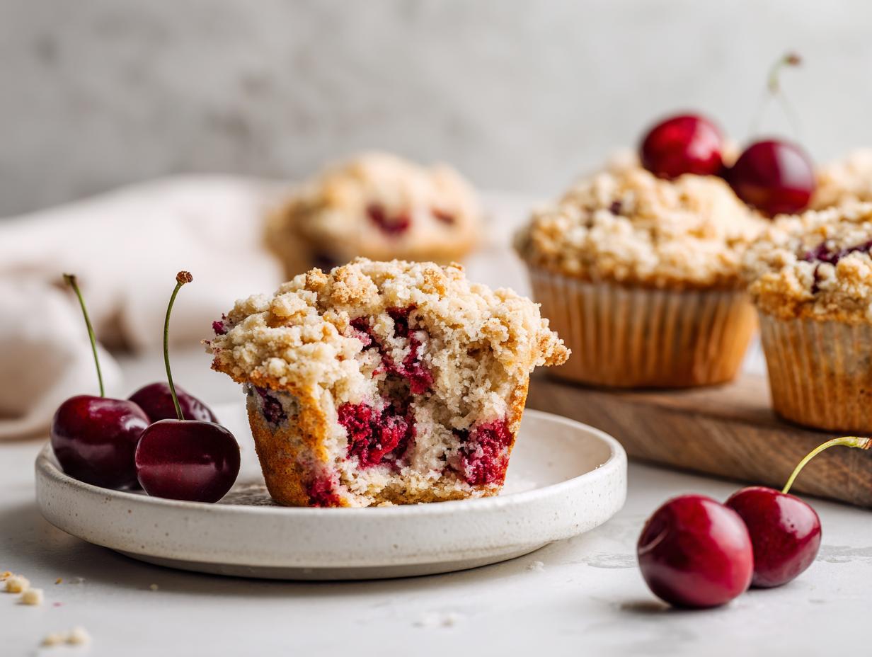 A close-up of a Cherry Oat Streusel Muffin cut in half showing the bright red cherry filling, next to fresh cherries.