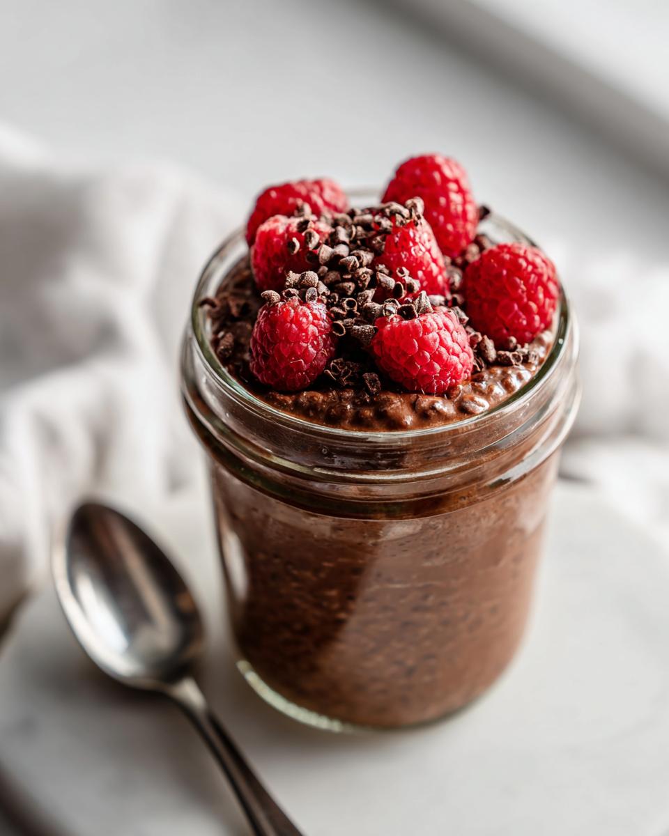 A jar of rich Chocolate Protein Overnight Oats topped with fresh raspberries and chocolate shavings.