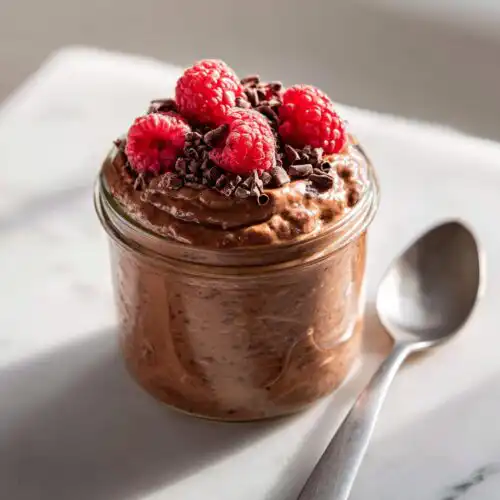 A serving of rich Chocolate Protein Overnight Oats topped with fresh raspberries and chocolate shavings in a glass jar.