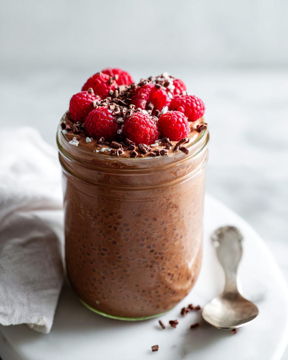 A jar of Chocolate Protein Overnight Oats topped with fresh raspberries and chocolate shavings.