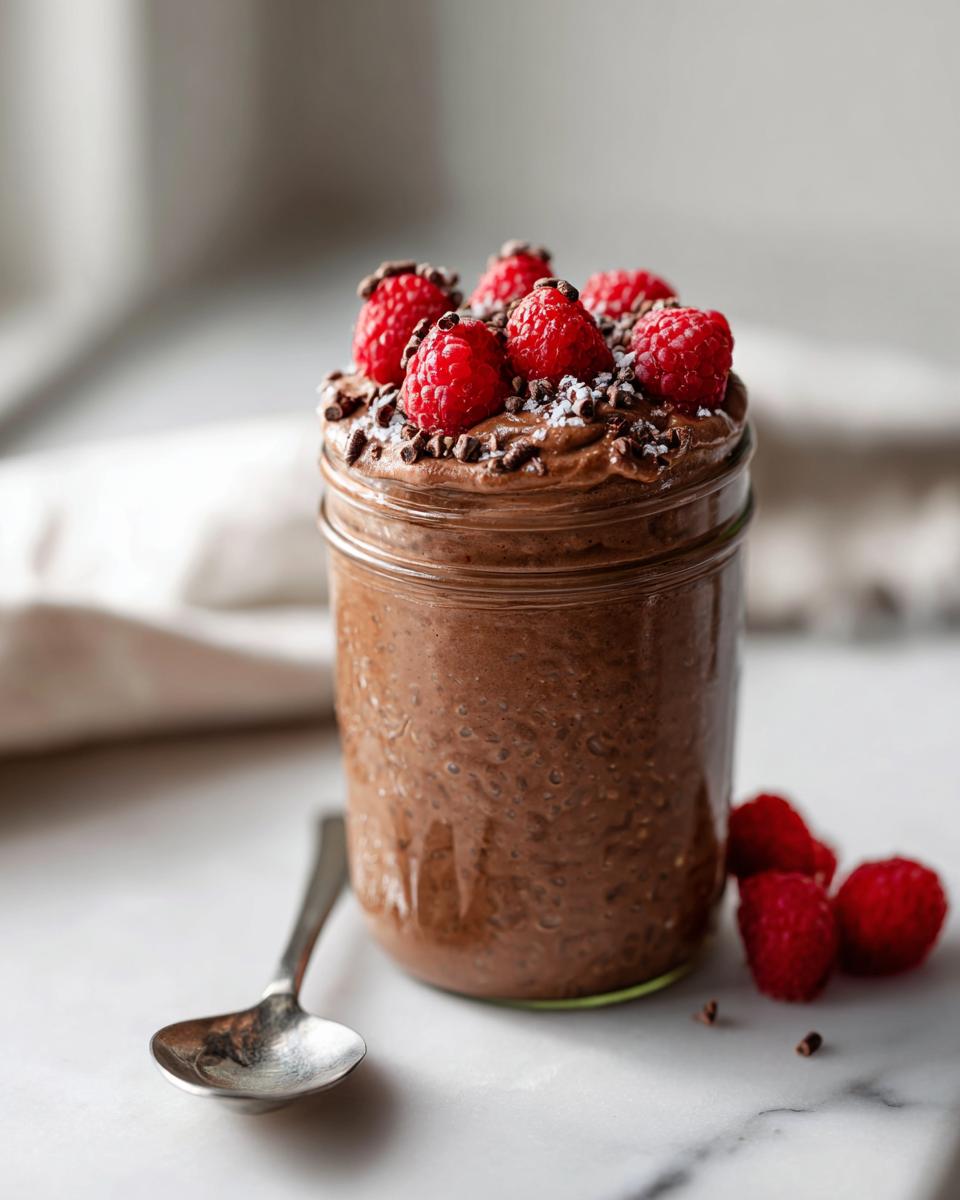 A jar of rich Chocolate Protein Overnight Oats topped with fresh raspberries and chocolate shavings.