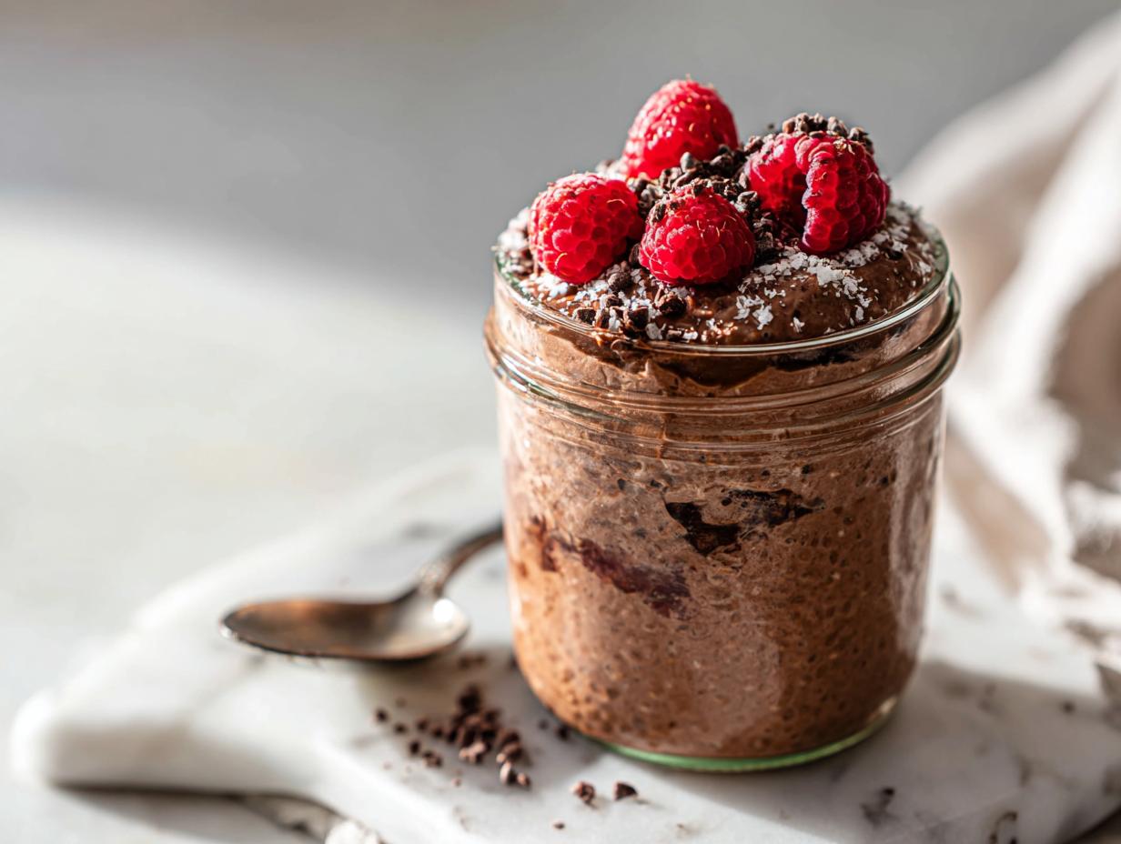 A jar of rich Chocolate Protein Overnight Oats topped with fresh raspberries and cacao nibs.
