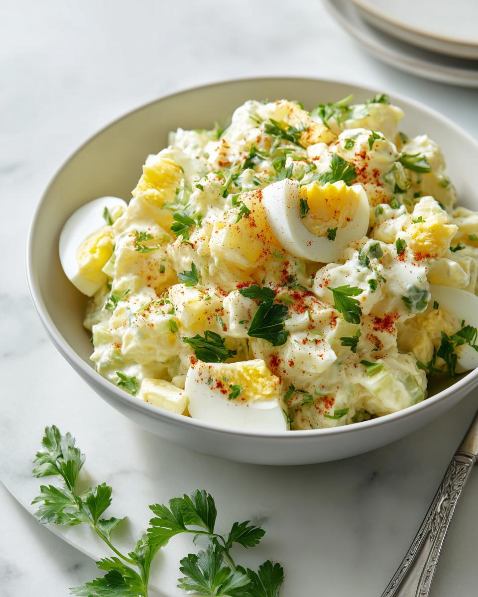 A creamy bowl of Classic American Potato Salad, garnished with sliced hard-boiled eggs, fresh parsley, and paprika.