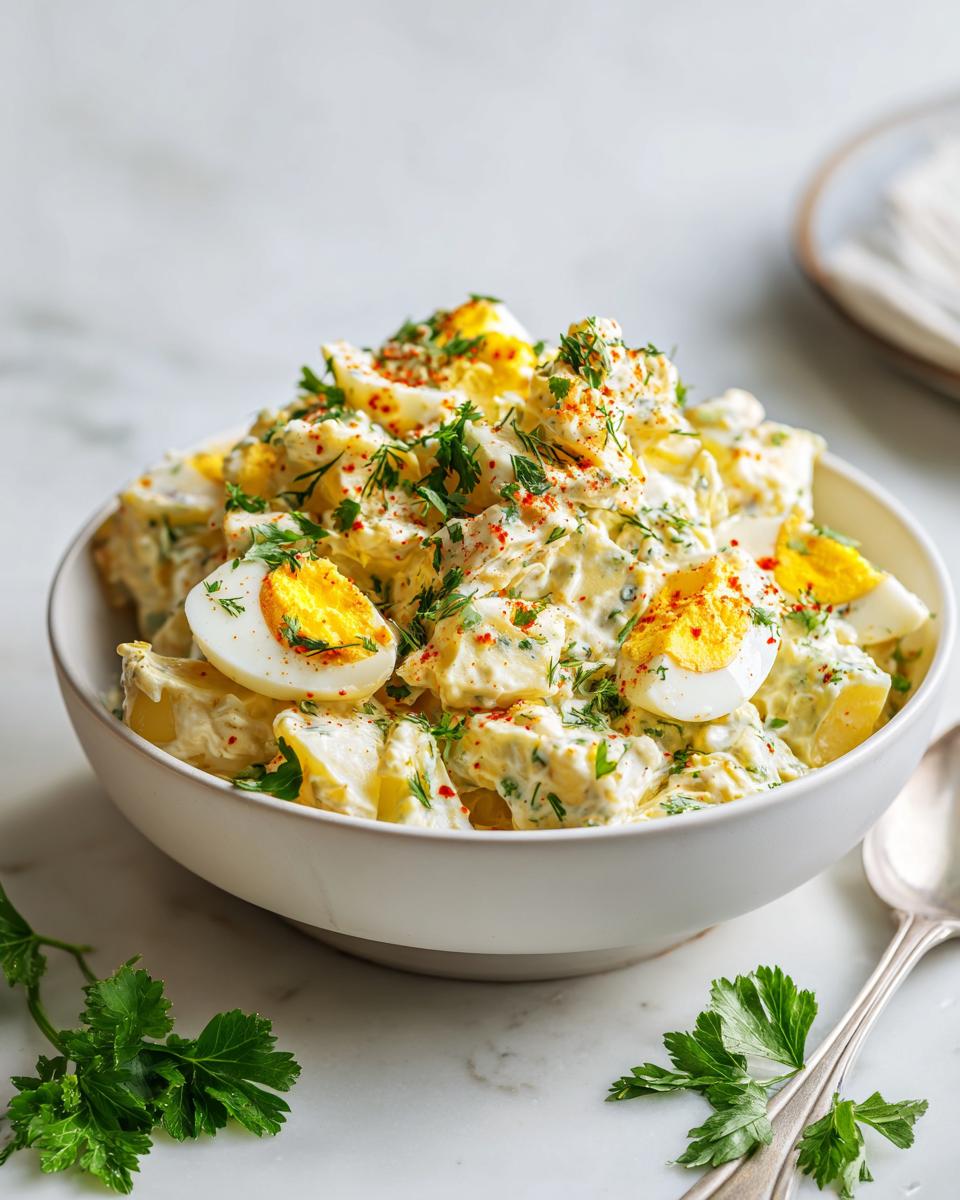 A white bowl filled with creamy Classic American Potato Salad, garnished with sliced hard-boiled eggs and fresh parsley.