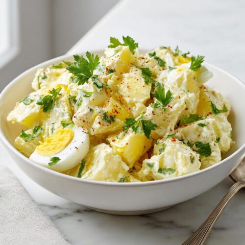 A close-up of creamy Classic American Potato Salad garnished with parsley and paprika, featuring a hard-boiled egg slice.