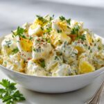 A white bowl filled with creamy Classic American Potato Salad, topped with sliced hard-boiled eggs and parsley.