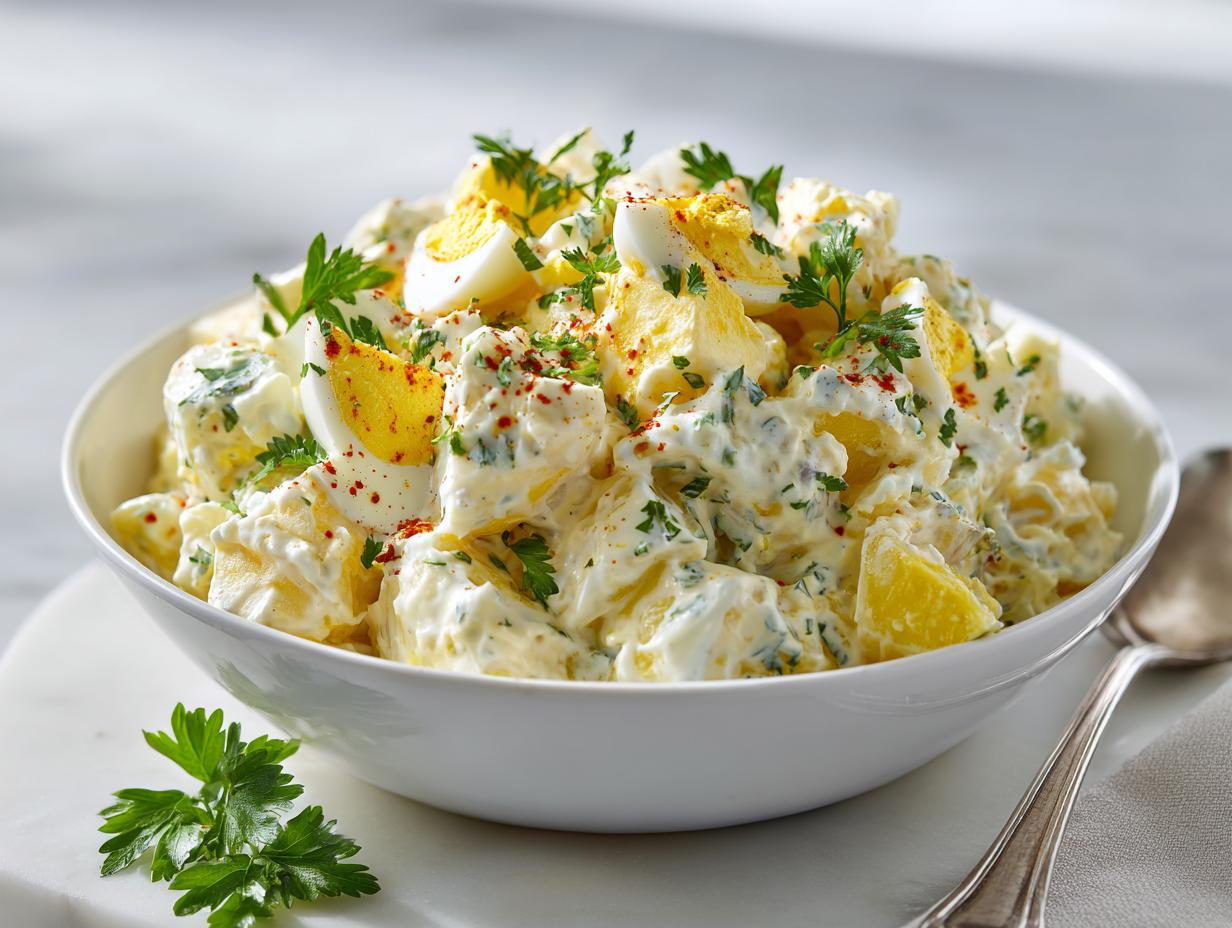 A white bowl filled with creamy Classic American Potato Salad, topped with sliced hard-boiled eggs and parsley.