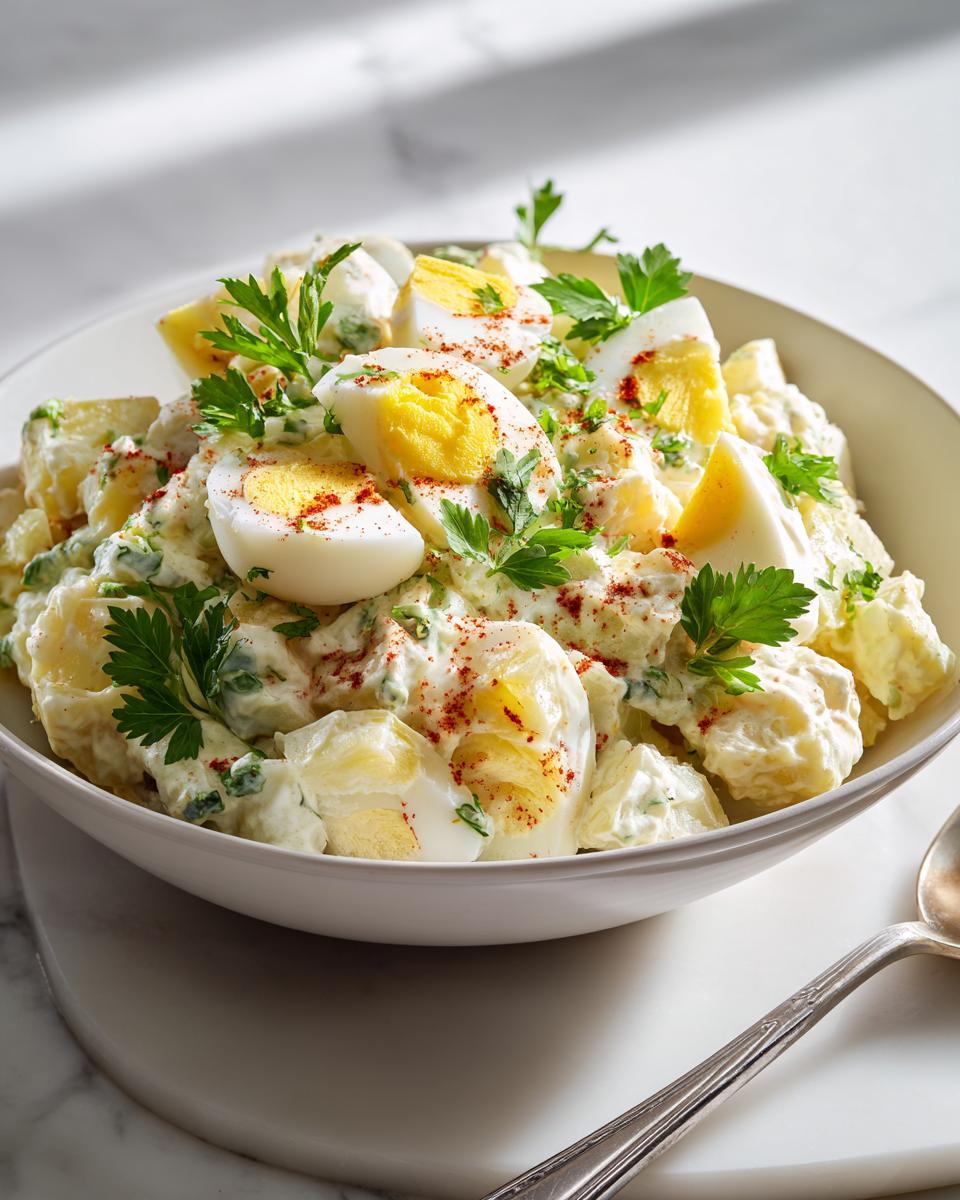 A close-up of Classic American Potato Salad featuring creamy dressing, chunks of potato, and hard-boiled egg wedges sprinkled with paprika.