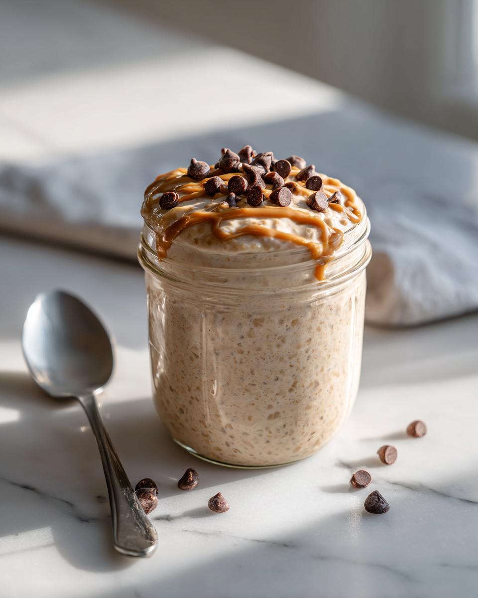 A jar of creamy Cookie Dough Blended Overnight Oats topped with peanut butter swirl and chocolate chips.