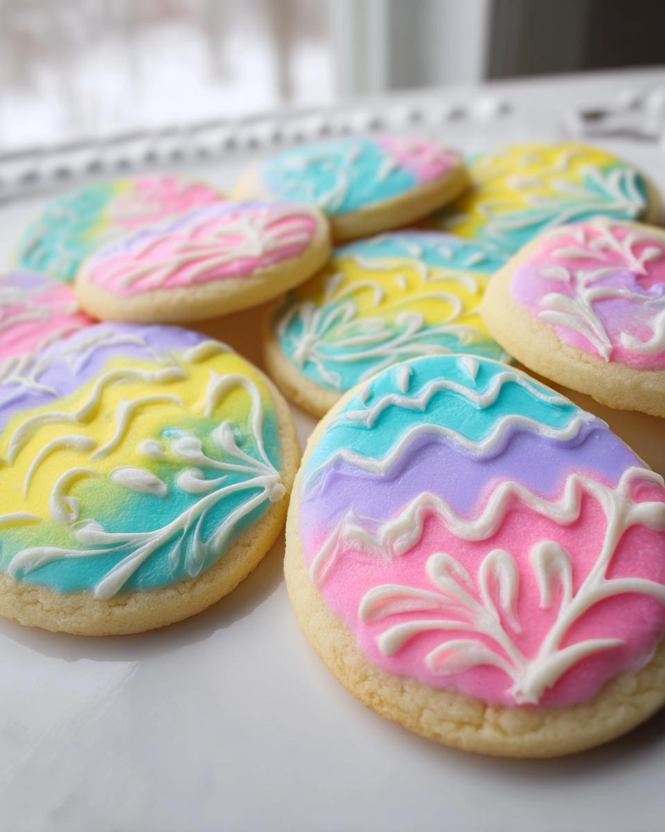 Close-up of several Easter Sugar Cookies with Pastel Icing decorated like eggs with white royal icing details.