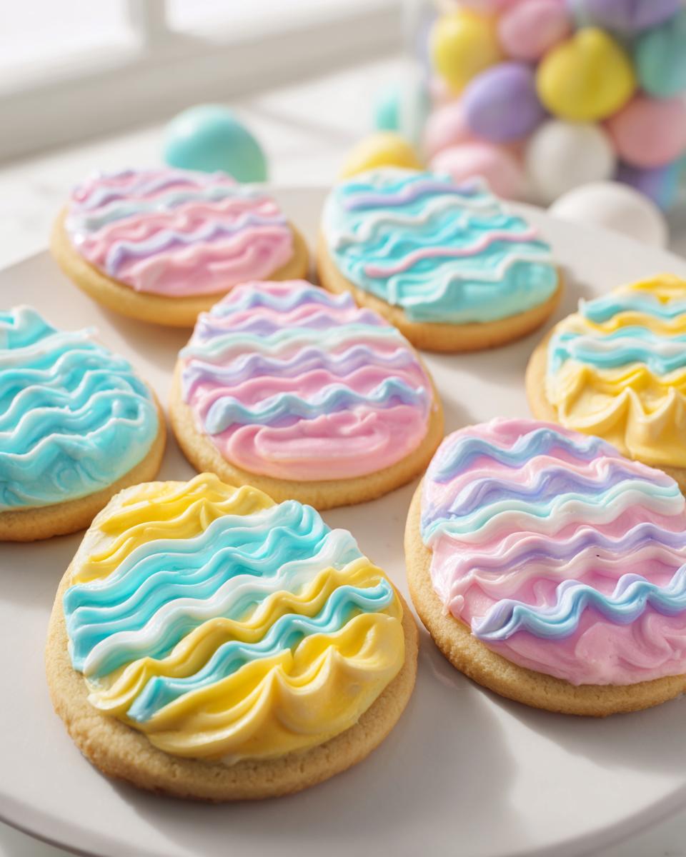Several oval-shaped Easter Sugar Cookies with Pastel Icing piped in wavy, colorful layers on a white plate.