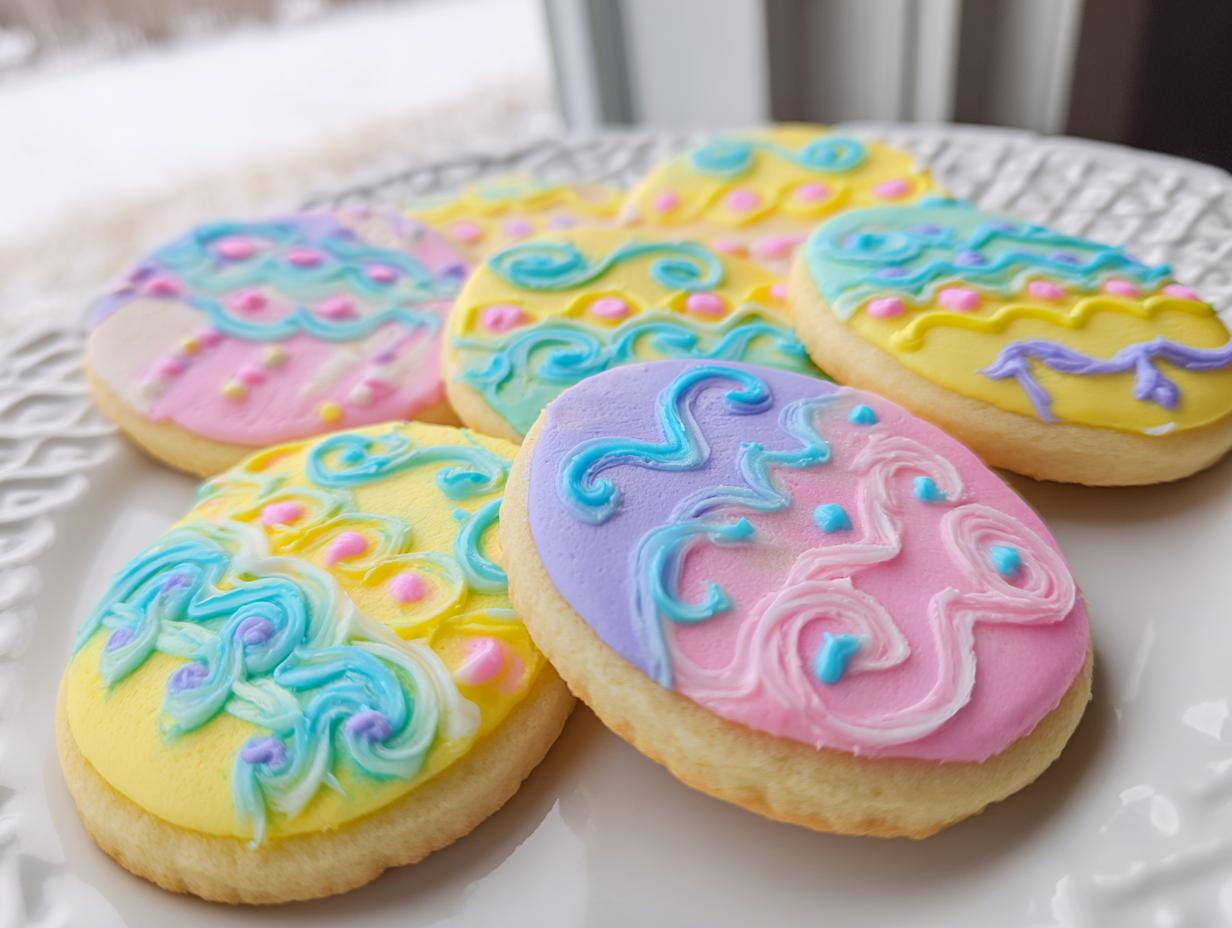 Several oval-shaped Easter Sugar Cookies with Pastel Icing featuring yellow, pink, and lavender frosting designs.