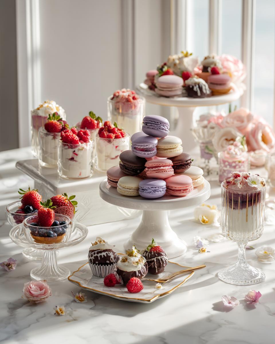 A stunning display of colorful macarons, berry parfaits, and mini chocolate cupcakes for elegant dessert table ideas.