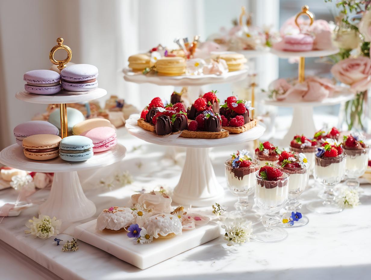 A beautifully arranged dessert table featuring colorful macarons, raspberry tarts, and parfaits, perfect for elegant parties.